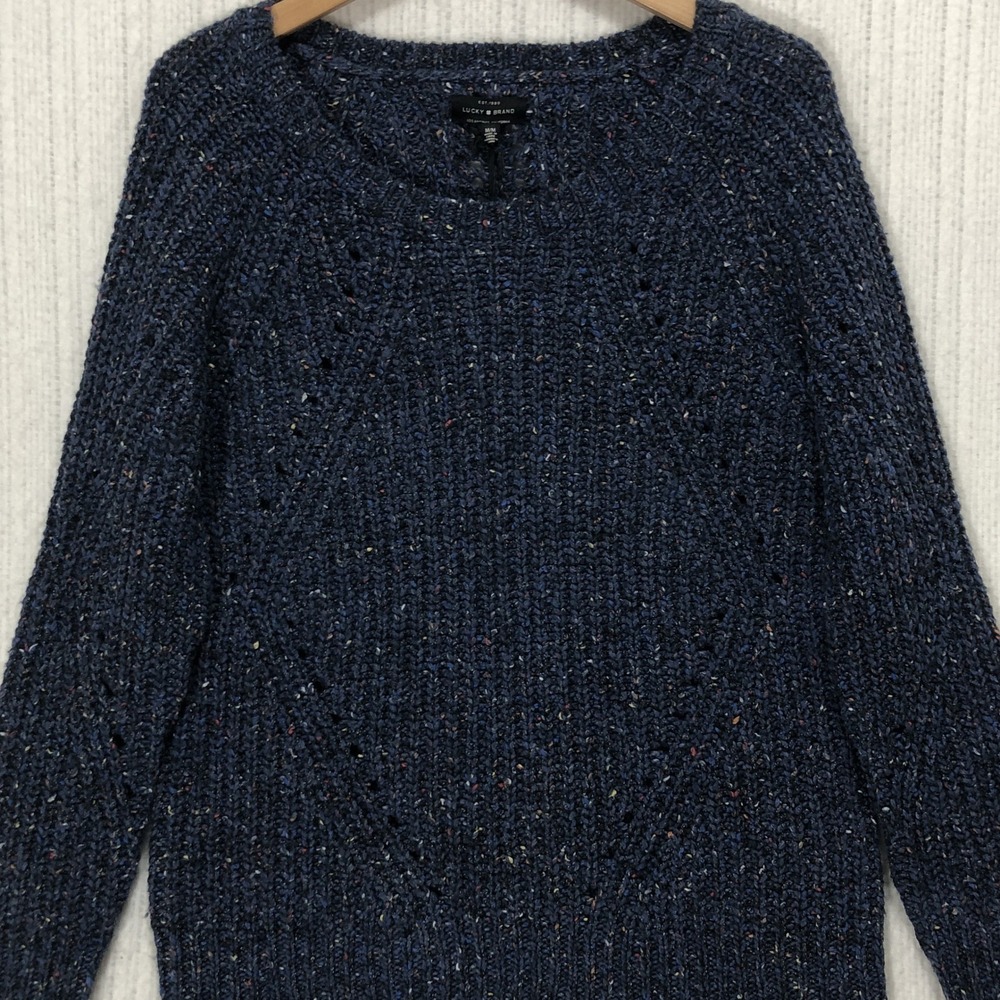 Lucky Brand Blue Space Dye Pointelle Knit Sweater Womens Medium Confetti Fleck